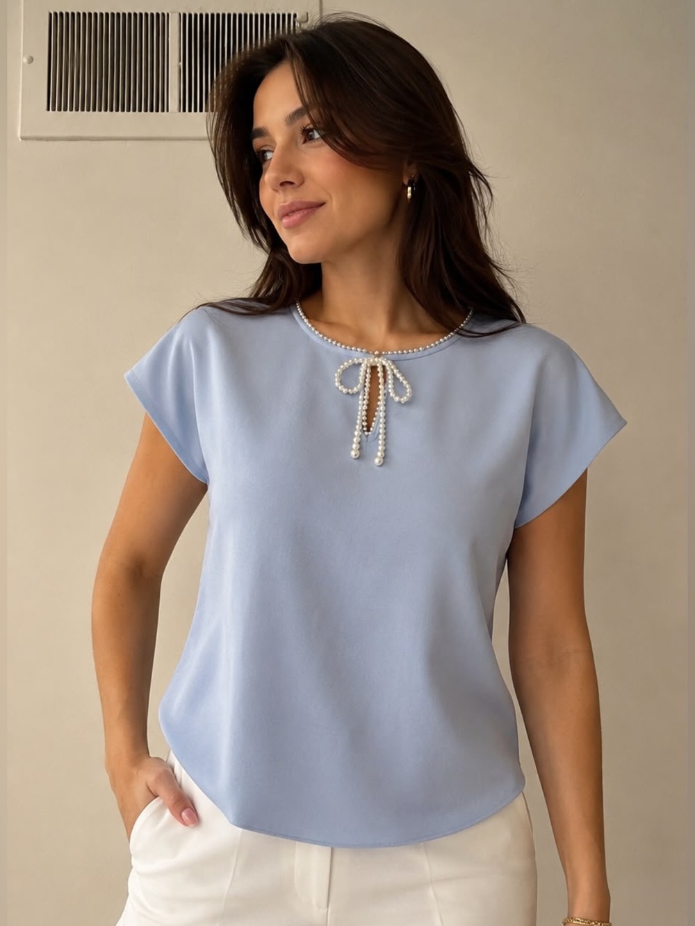 Cable & Gauge Light Blue Pearl-Trim Cap Sleeve Blouse
